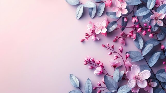 A pink floral arrangement is set against a pink background. The arrangement features pink flowers.