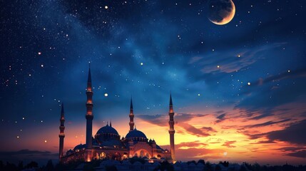 A beautiful mosque is silhouetted against a starry sky and a crescent moon - obrazy, fototapety, plakaty