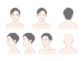 20代・30代の若い男性の顔のイラストセット（正面・横顔・斜め・後ろ姿）