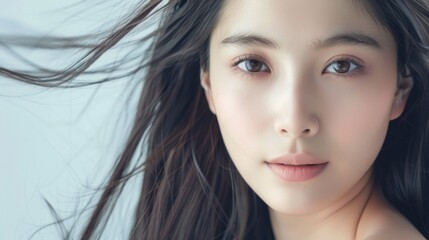 Close-up portrait of a young Asian chinese woman with wind-blown hair and a serene expression against a light background