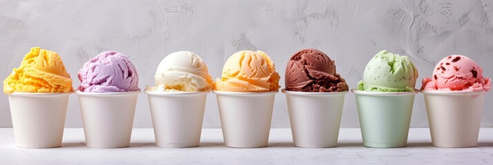 Line of various flavored ice creams in white cups. - obrazy, fototapety, plakaty