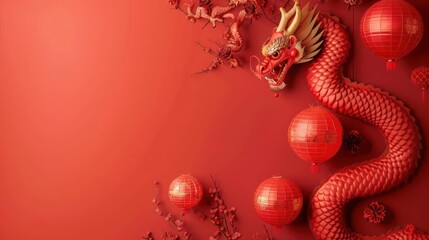 Obraz premium a red background with a large red dragon and red lanterns