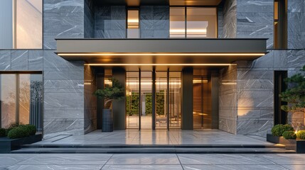 Modern residential building entrance. Estate property. Marble stone. Construction. Horizontal,Empty floors and office buildings in financial center,Building exterior, 3d artwork