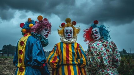 Against a dark sky a trio of clowns stand with backs to the camera exaggerated poses and bright costumes creating an unsettling . .