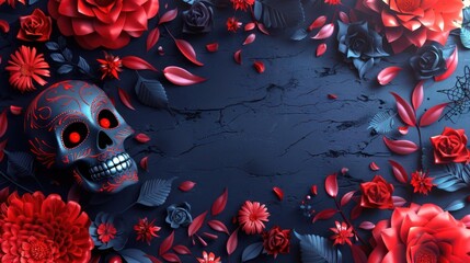 A skull is surrounded by red flowers and a dark blue background