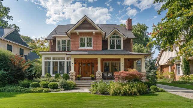 Suburban house exterior in generic colonial style,Beautiful house in the middle of the green grass and lawn,classic craftsman style house with wrap-around porch, shingle exterior and stone accents