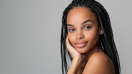 Portrait of a young woman with braided hair smiling gently, her hand supporting her chin against a neutral background