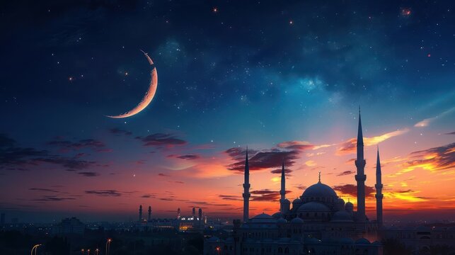 A crescent moon hangs over a mosque at sunset