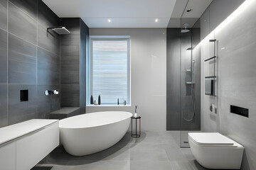 Fototapeta na wymiar Modern bathroom interior with minimalistic shower and lighting, white toilet, sink and bathtub. Modern bathroom interior