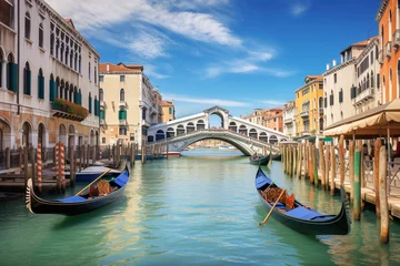 Poster Travel concept. Landscape Venice city canals and gondolas view during sunny summer day © Rytis