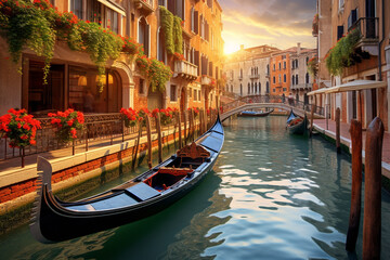 Travel concept. Landscape Venice city canals and gondolas view during sunny summer day - obrazy, fototapety, plakaty