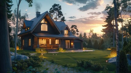 3d rendering of modern cozy house in chalet style with garage for sale or rent with large garden and lawn. Clear summer evenig with soft sky. Cozy warm light from window,Big wooden mansion in pine - obrazy, fototapety, plakaty