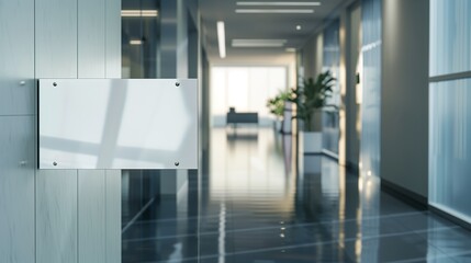 Blank horizontal transparent glass sign plate on the white wall in office. Name plate mock up. Front view. 