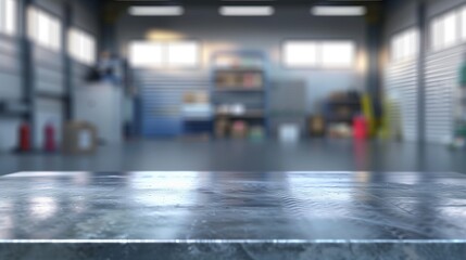 Blank rough metal workshop and desk table surface on blurred garage background with copy space, Empty space for your products and crafty idea in man cave studio.