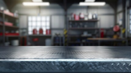 Blank rough metal workshop and desk table surface on blurred garage background with copy space, Empty space for your products and crafty idea in man cave studio.