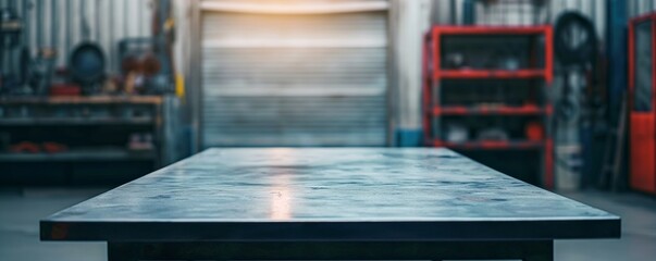 Blank rough metal workshop and desk table surface on blurred garage background with copy space, Empty space for your products and crafty idea in man cave studio. - obrazy, fototapety, plakaty