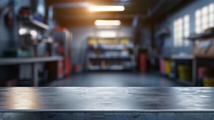 Blank rough metal workshop and desk table surface on blurred garage background with copy space, Empty space for your products and crafty idea in man cave studio.