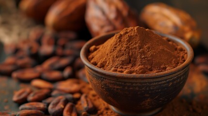 Close up of cocoa powder in a brown ceramic bowl, raw cocoa beans around, with copy space, concept...