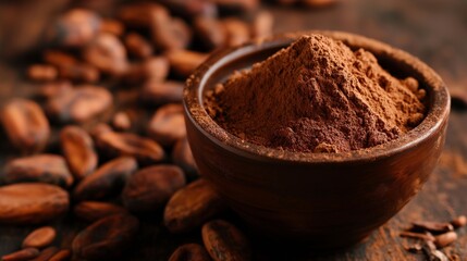 Close up of cocoa powder in a brown ceramic bowl, raw cocoa beans around, with copy space, concept of cocoa trading, cocoa pricing increasing or changing, food ingredient.
