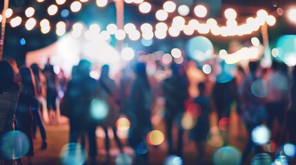 Blurred Festival Event Party Backgrounds with Hipster People and String Lights, Summer Celebration Event Bokeh Backgrounds. - obrazy, fototapety, plakaty