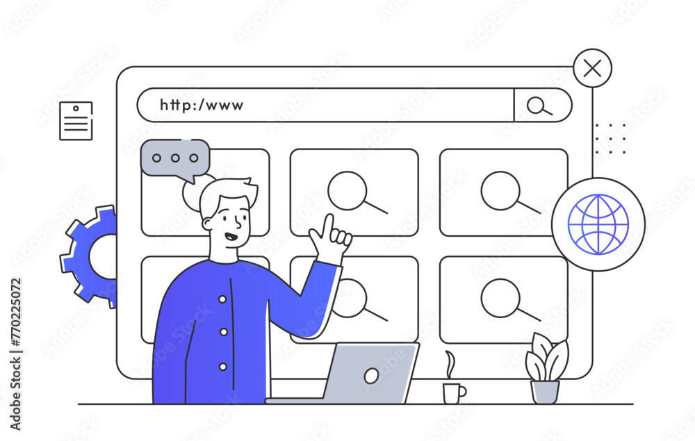 Poster man with online search simple. information and knowledges on internet. search engine optimization. s