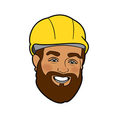 An illustration of a  bearded and smiling construction worker wearing a yellow hard hat