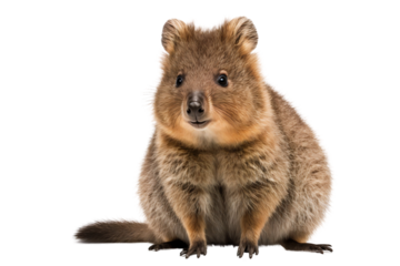 A cheerful cute quokka sitting and smiling, isolated on white background, transparent cutout