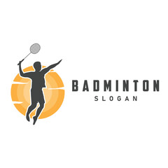 Badminton logo vector black silhouette badminton sport player vintage minimalist racket and shuttlecock design illustration template