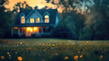 Blurred view of beautiful house in the evening,This little Eco House is situated on a green field,Land scape image of Extensive lawn and house, the sun on the horizon
 - obrazy, fototapety, plakaty