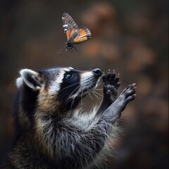 A curious raccoon reaching out to touch a butterfly that landed on its nose