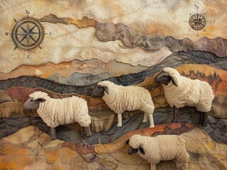 An adventurous scene of sheep with map and compass patterns in their wool exploring unknown lands - obrazy, fototapety, plakaty