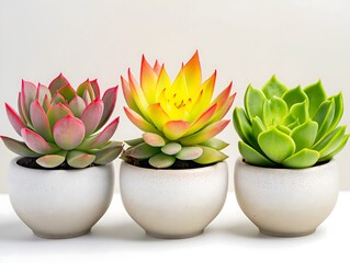 A trio of vibrant succulent plants, in stylish pot, isolated, in clean white surface