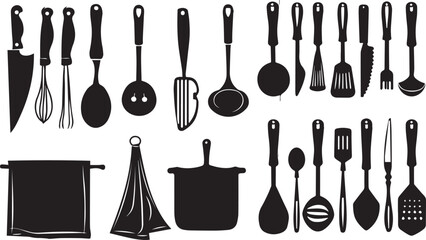 Set of kitchen utensils Silhouette vector illustration.