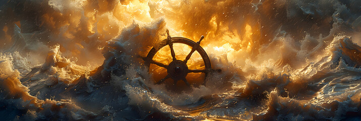 Ship's Wheel Steering Through Turbulent Storm, Ships wheel guiding through a stormy sea created - obrazy, fototapety, plakaty