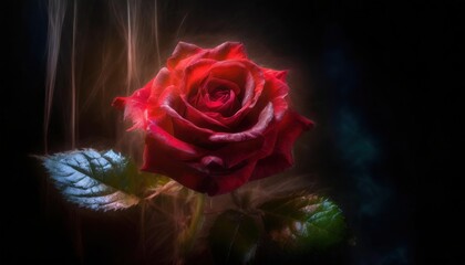 Mystical Red Rose Illuminated in Darkness