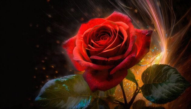 Glowing Red Rose Against Dark Background