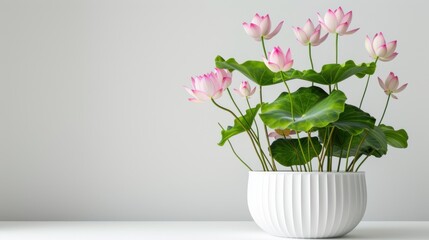 Lotus flower in a white pot, minimalist style on a white background