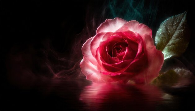 Illuminated Pink Rose on Dark Background with Smoke and Water Reflection