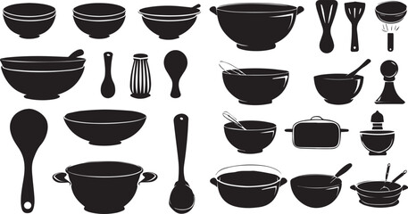Set of kitchen utensils with bowl , mixer and spoon silhouette vector illustration. - obrazy, fototapety, plakaty