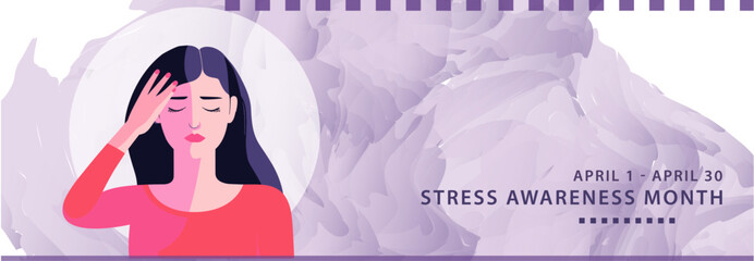 Stress awareness month in April banner with woman with headache. Vector concept design for mental health support and healthcare - Powered by Adobe