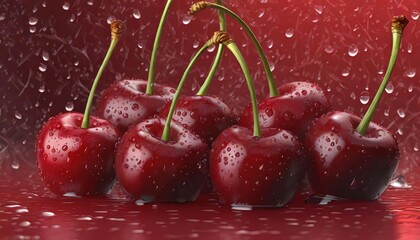 Fresh Cherries with Water Drops on Red Background