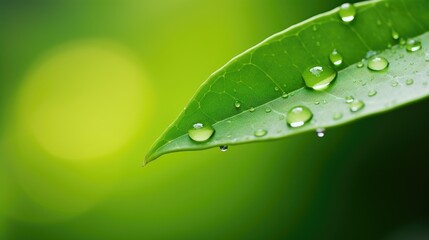 Close-up of a dewdrop on a leaf, green leaf background with dew drops symbolizing freshness and simplicity, World Environment - obrazy, fototapety, plakaty