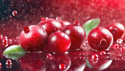 Fresh Cranberries with Water Droplets on Reflective Surface