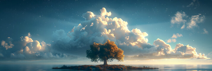  Surreal open door in the middle of nature, A tree in the water with clouds in the background
 - obrazy, fototapety, plakaty