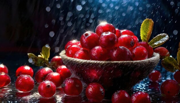 Fresh Cranberries in Bowl with Water Droplets