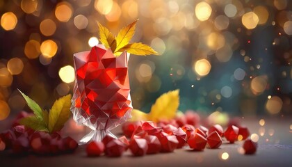 Abstract Red Crystal Rose with Autumn Leaves and Bokeh Background