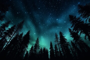 Fototapeta na wymiar a pine trees under the sky with Northern lights. ai generative