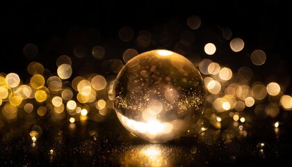 Crystal Ball Surrounded by Sparkling Lights on Dark Background - obrazy, fototapety, plakaty