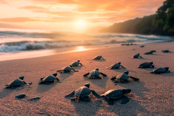 Fotobehang baby turtles on the sandy beach and crawl to the ocean. Generative AI © Phichitpon