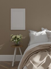 Mockup bedroom poster frame wood bedside in empty picture interior Very comfortable in the morning in illustration 3d rendering.
